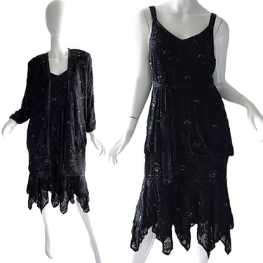 80s Judith Ann Sequin Dress Set / Vintage Beaded Lace Dress / 1980s Disco Batwing Kimono Jacket Dress Large 