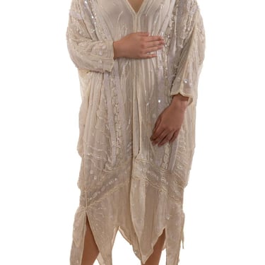 1980s Pearl White Silk Chiffon Cocoon With Sequins And Beading 