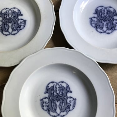 French Faïence Plate, Pale Blue Monogrammed Ironstone Plates, Bowls, Rustic French Stoneware, Farmhouse Dining 