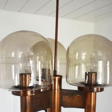 Large Vintage Brutalist Chandalier/ Cooper and Wood Pendant Light/ Smoky Glass Hanging Lamp/ Yugoslavia 1970's/ Vintage Light Fixture/ MCM 