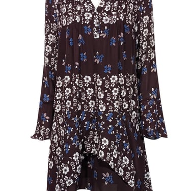 Parker - Maroon w/ White & Blue Floral Print Bell Sleeve Dress Sz M