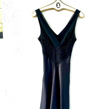 Vintage 90s Bias Slip Lace Dress 1990s Minimalist Black Dress 