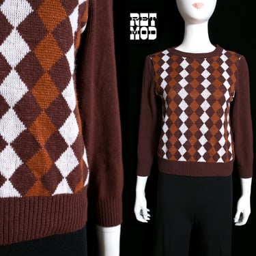 Sassy Vintage 60s 70s Brown Rust White Checkerboard Pullover Sweater 