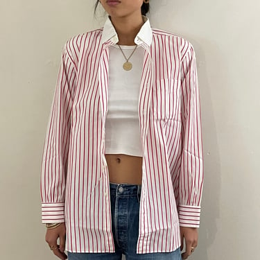 90s cotton striped blouse / vintage red  striped pinstripe fine cotton contrast collar boyfriend blouse shirt | Medium 