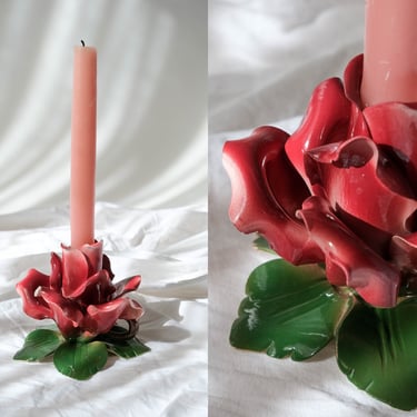 Vintage 50s 60s Budding Rose Ceramic Candle Holder | Made in Italy | Mid Century, Modern Home Decor | 1950s 1960s Glazed Candlestick Holder 