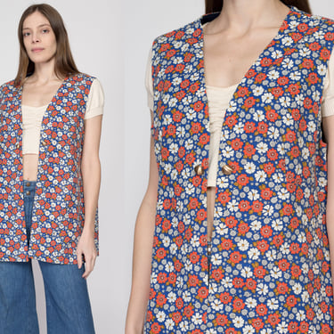 XL 70s Flower Power Vest | Retro Vintage Floral Open Fit Sleeveless Top 