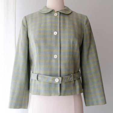 Adorable 1960's Mint Green &amp; Periwinkle Cropped Wool Jacket / Sz M