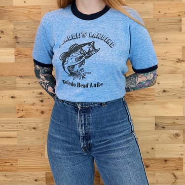 Vintage Fishing Shadow's Landing Toledo Bend Lake Soft Retro Ringer Tee Shirt T-Shirt 