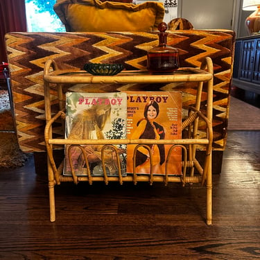 Vintage Rattan with Glass Small Table with Magazine Basket 