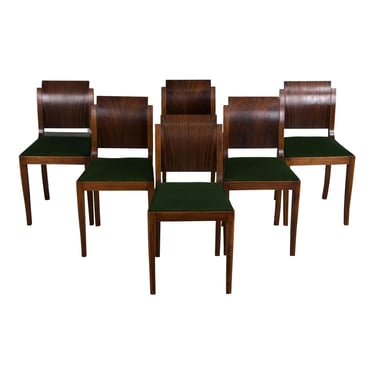 1930s French Jules Leleu Art Deco Rosewood Dining Chairs W/ Green Velvet - Set of 6 