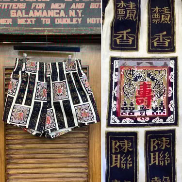 Vintage 1950’s “Shaheen’s” Atomic Asian Print Cotton Tiki Hawaiian Swim Trunks, 1950’s Shirt 