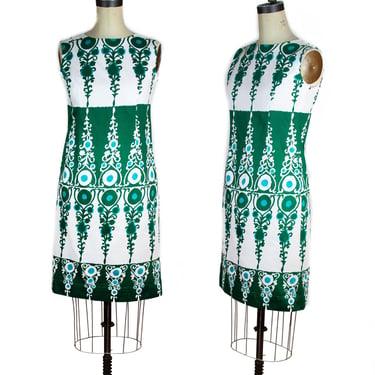 1960s Dress ~ Graphic Ornate Green and Turquoise Sheath Dress 