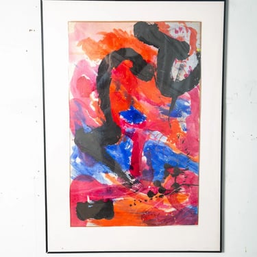 Mid Century Modern Watercolor Painting Art Abstract Expressionism Frame Red Blue