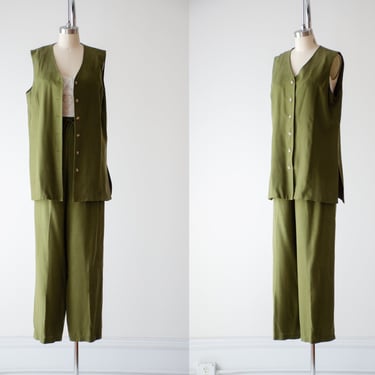 green silk pants | 90s y2k vintage Chaus olive green dupioni silk vest wide leg pants blouse 2 piece suit set 
