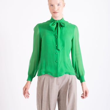 Vintage GIVENCHY 1980s Kelly Green Sheer Silk Georgette Pussy Bow Blouse Tissue Thin Jade XS S M FR 40 Button Up 