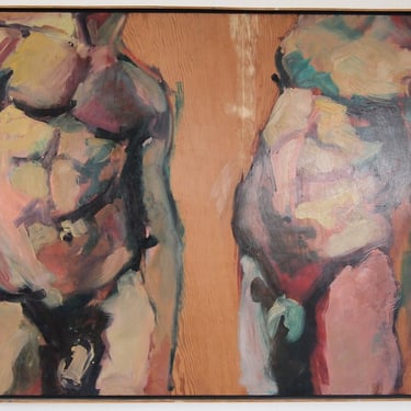 Original 1991 JEFF HOERLE PAINTING Abstract Male Nude Figures 38x49" Framed Oil / Wood Large Expressionist Art Mid-Century Modern eames era 