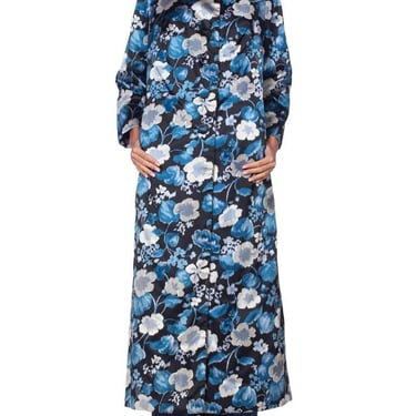 1950S Black & Blue Couture Grade Floral Silk Satin Hand Cut Velvet Coat 