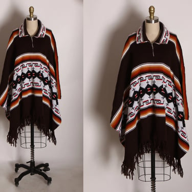1970s Brown, Tan, Red and Black Earth Tone Woven Knit Fringe Poncho 