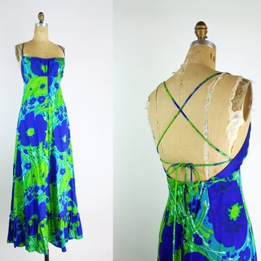 60s Hawaiian Maxi dress / Open Back / 60s Mod Dress / Floral Dress / Bold / Size S/M 