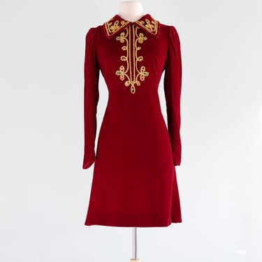 Vintage 1960's Festive Red Velvet Gold Embellished Party Dress / S