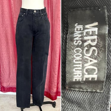 High Waist Black Jeans, Versace, Signed, Made in Italy, Straight Leg, Vintage 90s 00s 