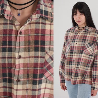 80s Plaid Shirt Red Cream Flannel Button Up Shirt Retro Checkered Collared Long Sleeve Top Cotton Pocket Black Vintage 1980s Men's Large 