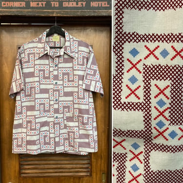 Vintage 1950’s Size L Atomic Pattern Cotton Cabana Rockabilly Shirt, 50’s Vintage Clothing 