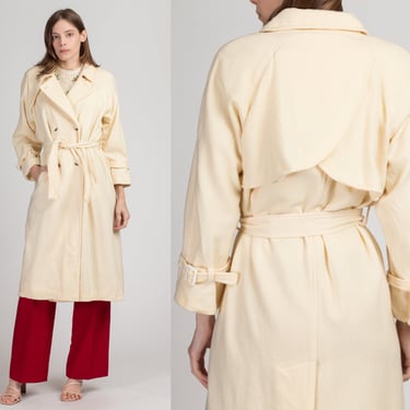 Vintage Cream Wool Belted Overcoat - Large | 80s Minimalist Double Breasted Long Coat 