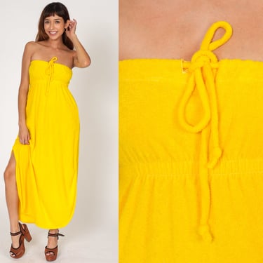80s Terry Cloth Dress Yellow Strapless Maxi Dress Sundress Disco Boho Beach Coverup 1980s Hippie Bohemian Vintage Sun Dress Small Medium 