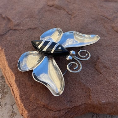 Vintage Taxco Sterling Silver Butterfly with Black Body Pin / Brooch 
