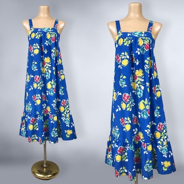 VINTAGE 70s Blue Floral Tent Cut Sun Dress by Periwinkle Loungewear Sz L | 1970s Summer Smock Dress | VFG 