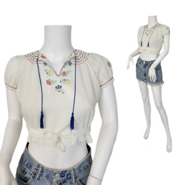 1950's White Cotton Embroidered Peasant Top I Blouse  I Sz XXS I Youth Size I Marshall Field & Co 