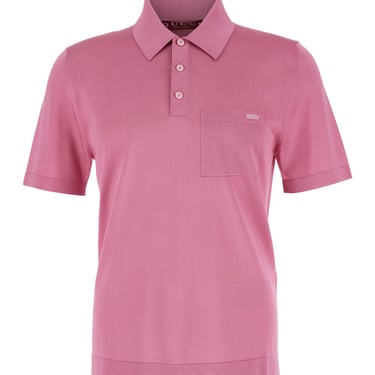 Gucci Pink Polo Shirt With Chest Pocket And Embroidered Logo On The Front In Fine Silk Knit Man