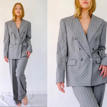Vintage Escada Double Breasted Light Gray & Charcoal Polkadot Print Pant Suit | UNWORN New w/ Tags | 100% New Wool | 2000s Y2K Designer Suit 