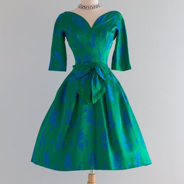Divine Late 1950's Emerald Green Brocade Party Dress / Small