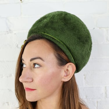 1960s Green Bubble Hat | 60s Olive Green Mohair Hat | Jackie O | Woodward & Lothrop 