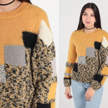 90s Geometric Sweater Mustard Yellow Knit Jumper Abstract 1990s Mohair Blend Vintage Crewneck Pullover Retro Medium 