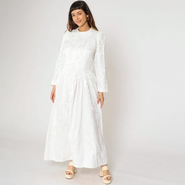 Vintage Jacquard Maxi Dress 80s White Puff Sleeve Floral Formal Party Long Sleeve Modest Prairie Style 1980s Wedding Gown Pockets Medium 8 