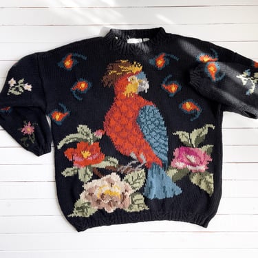 black bird sweater 90s vintage Express parrot macaw hand knit sweater 