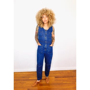 Ideas Jumpsuit // vintage 70s 80s denim high waist boho hippie blue cotton hippy // S Small 