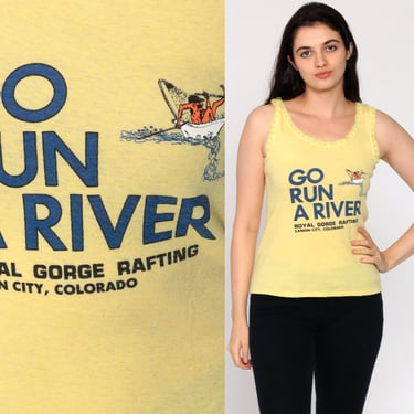 Vintage Rafting Shirt Graphic Shirt 70s Tank Top COLORADO RAFTING Go Run A River Sports 80s Retro Summer Yellow Lace Camisole Extra Small xs 