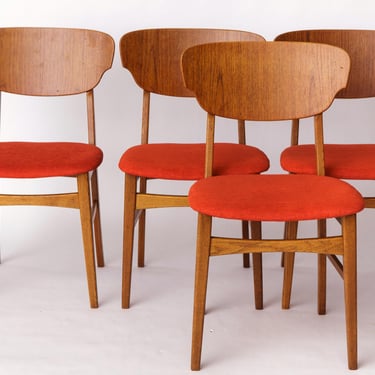 Set of 4 Danish Dining Chairs – Teak & Oak, 1960s, Red-Orange Upholstery 