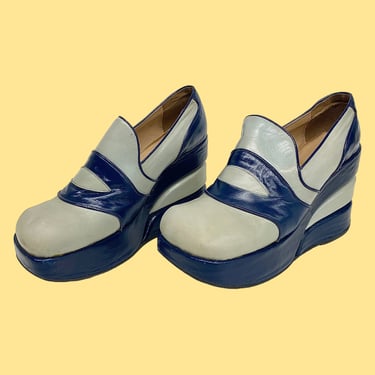 Vintage Platform Wedges Retro 1970s Mid Century Modern + Predictions + Womens Shoe + No Size + Blue and Gray Vinyl + Stacked Heel + Slip On 