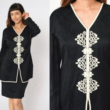 90s Black Mini Dress Soutache Trim Shift Dress Long Sleeve Chic Classic LBD Twofer Attached Jacket Monochrome Vintage 1990s Small 6 