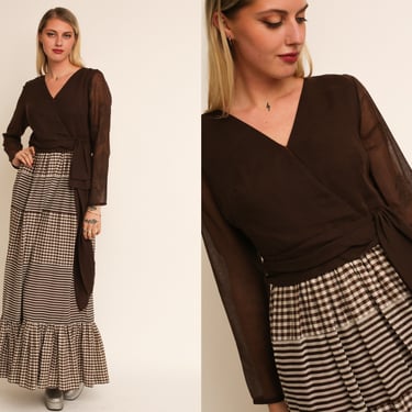 Vintage 1970s 70s Cinnamon Girl Brown Maxi Gown w/ V Neckline and Striped Checkered Skirt Ruffle Hem Full Length Sleeves 