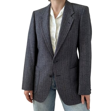 Vintage 1970s Yves Saint Laurent YSL Blue Gray Tweed Striped Sport Coat Blazer 