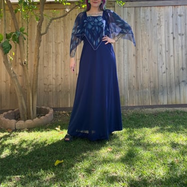 Vintage 1970’s Blue Maxi Dress with Floral Chiffon Top 