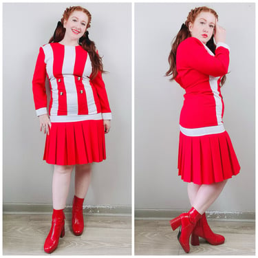 1980s Red and White Candy Stripe Mod Style Dress / 80s Drop Waist Gogo Mini Dres / Medium / Large 