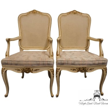 Set of 2 HENREDON FURNITURE Antiqued White Country French Provincial Cane Back Dining Arm Chairs 