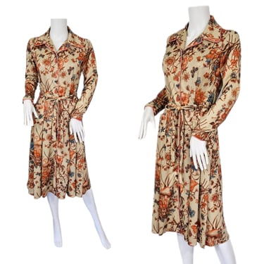 Sears 1970's Tan Poly Autumnal Floral Mushroom Print Belted Shirtdress I Sz Med 